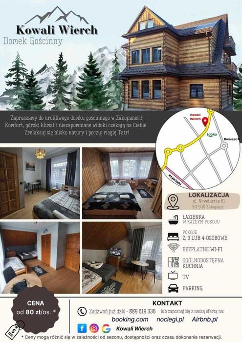 Zakopane, NOCLEG Centrum WOLNE pokoje 2/3/4 osobowe 800 m Krupówki