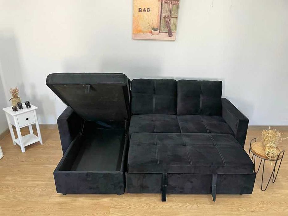Sofá-cama preto com arrumação, enviamos