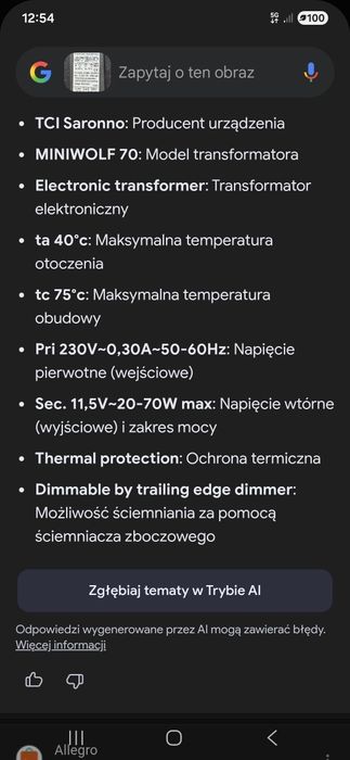 Transformator elektroniczny TCI 70W zasilacz nowy