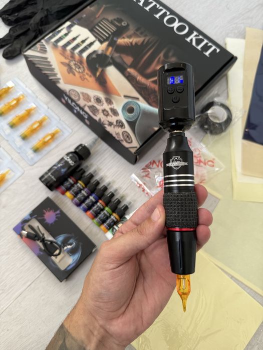 Kit Tattoo/ Tatuagem COMPLETO Máquina Pen Sem Fios c/Pele treino