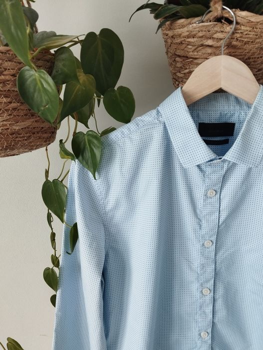 Bawełniana koszula męska, błękitna, w groszki, slim fit r.S/M Selected