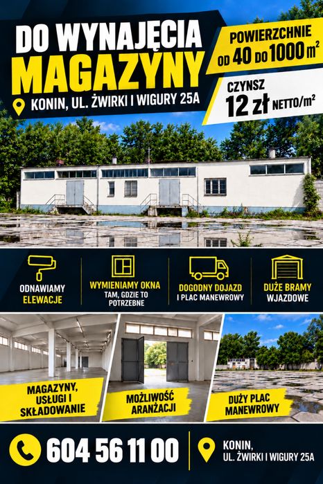 DO WYNAJĘCIA – BUDYNEK MAGAZYNOWO-USŁUGOWY | POW. 444,40 M2 | 2 RAMPY | KONIN - centrum miasta, ul. Żwirki i Wigury, Faktura VAT 23%
