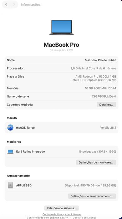 MacBook Pro (2019) – i7 | 16GB RAM | 500GB SSD – Estado Impecável