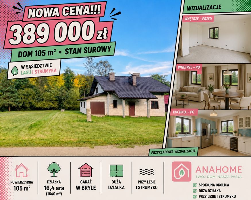 Dom 105 m² w stanie surowym | działka 1640 m² | Strzeszyn gm. Biecz