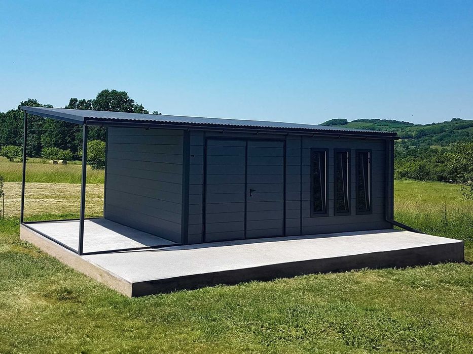 Domek ogrodowy z płyty warstwowej 6×4m + wiatka 2x4m – grafit