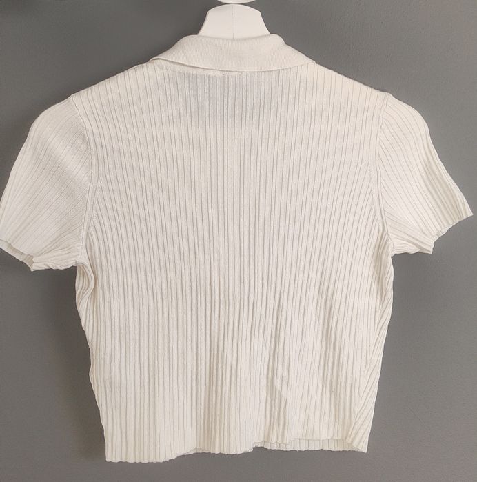 Biały top z kołnierzykiem, w prążki, Divided, H&M, rozm. S
