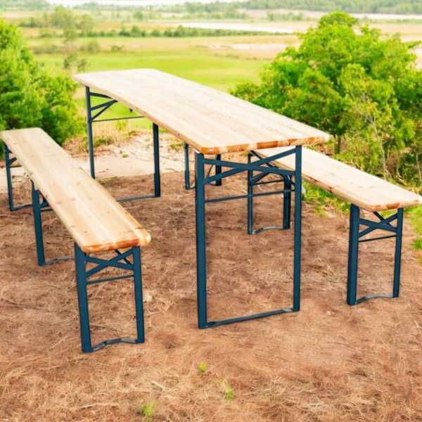 Zestaw Piwny Plenerowy Bituxx Stół + 2 Ławki – Drewno Sosnowe, Stal