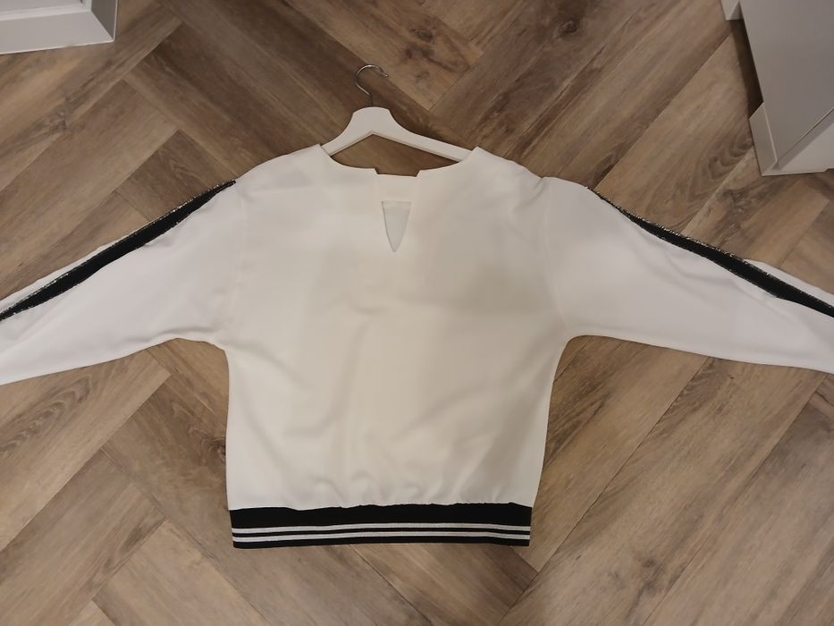 Elegancka bluzka biała z lampasem srebrno-czarnym święta  roz.38!