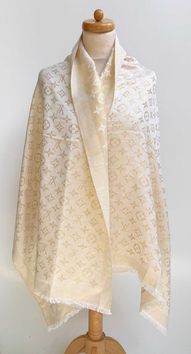 Szal Szalik Kremowy LV Louis Vuitton Złoty Logowany Narzutka 172 cm x 72 cm