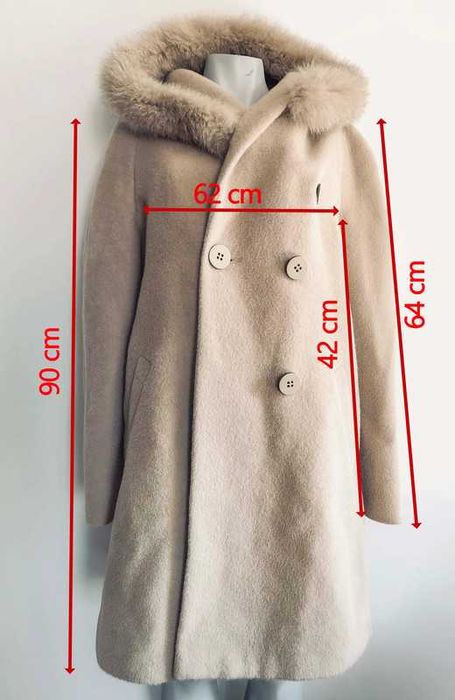 Płaszcz Lady 74% apaca suri 26% wełna lama ciepły beż kaptur lis 48 50