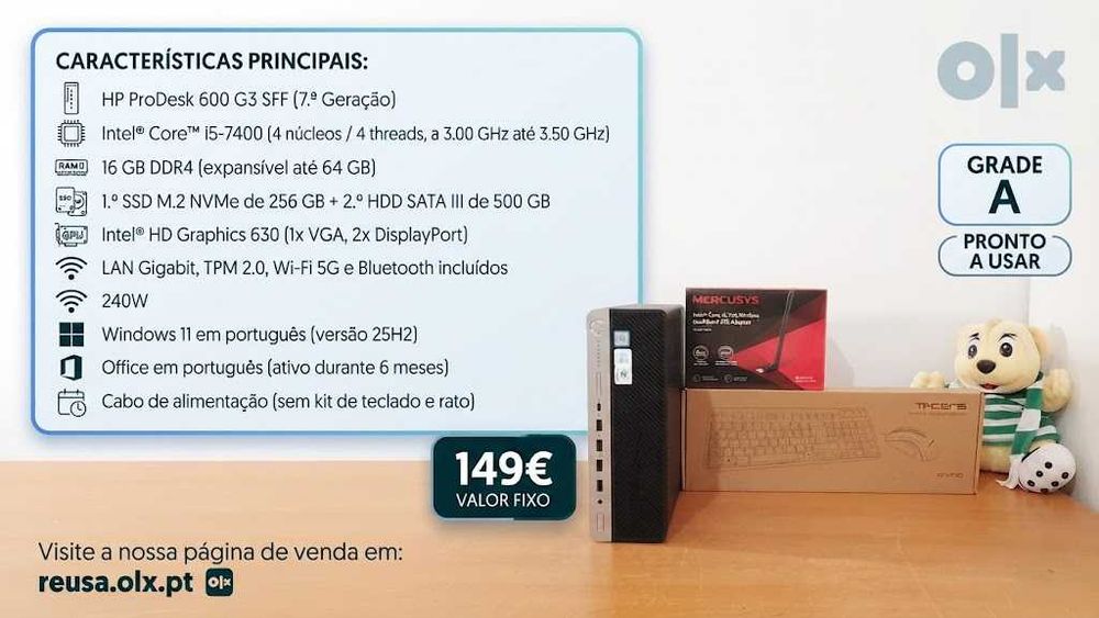 ‼ Vendidos ‼ Desktop HP 600 G3 SFF 7ªG | i5-7400 | 16GB DDR4 | NVMe 256GB + HDD 500GB | WiFi | W11