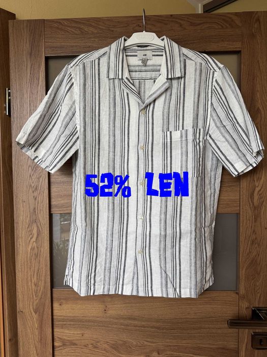 Koszula męska, kubanka, wzorzysta, 52% len, H&M r. S/M-ideał
