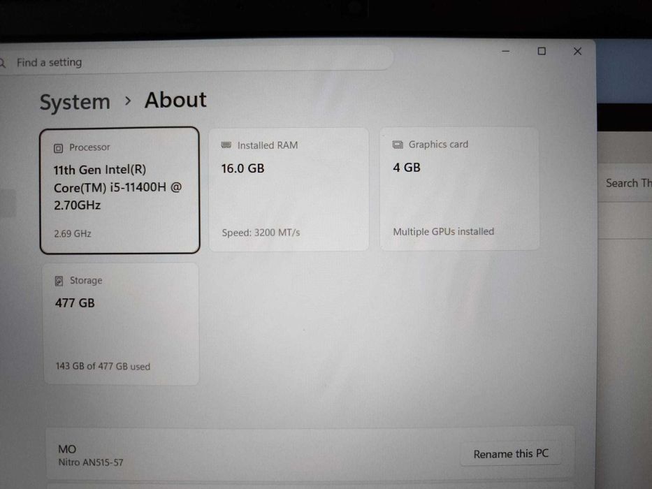 Laptop gamingowy Acer Nitro 5 RTX 3050ti/ RAM 16/ SSD512/ i5 11400H/ 144Hz