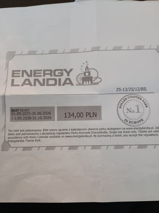 Bilet do enrgylandii 95,00 zł