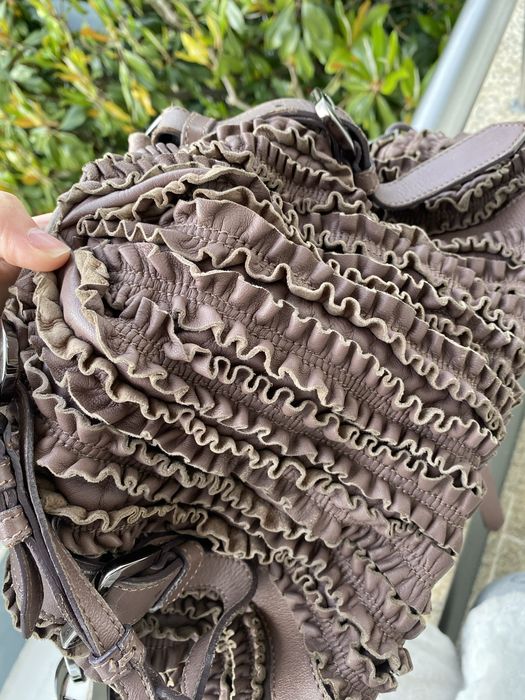 Burberry Ruffled Lowry Tote - Pleated Leather - Dark Mauve/Brown