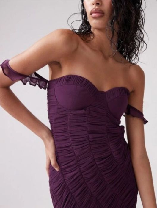 Sukienka z gorsetowa góra marszczona fioletowa midi wesele Asos M/L