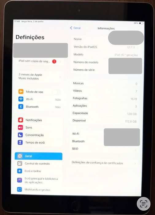 iPad Apple (6th Gen) 128 GB- como novo