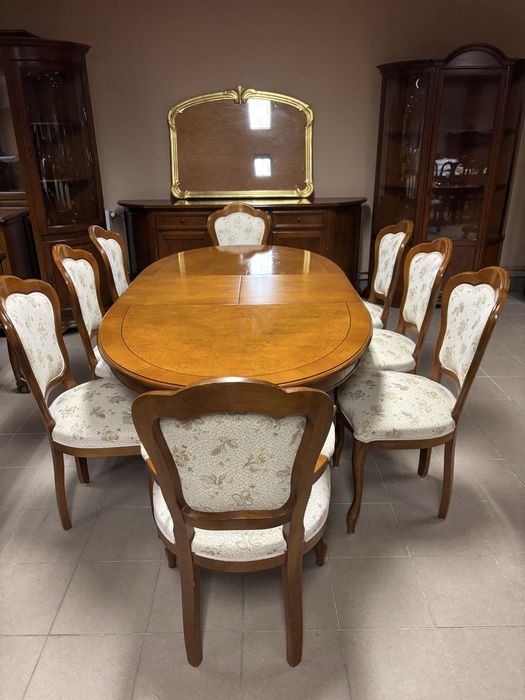 Stylowy Włoski Zestaw Jadalnia Salon Stół 8 Krzeseł Komoda 2 witryny