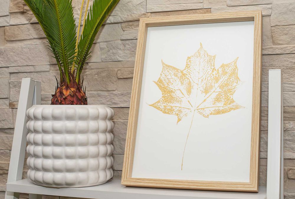 Obraz w ramie. Botaniczne plakaty. Złoty Liść KLON ramka A4