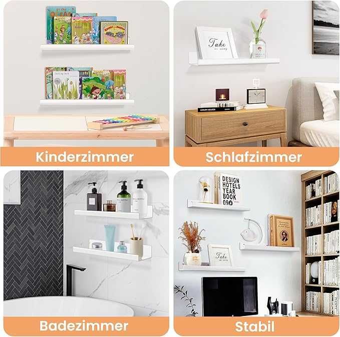 Zestaw 4 półek ściennych (32×10 cm) – bez wiercenia, białe