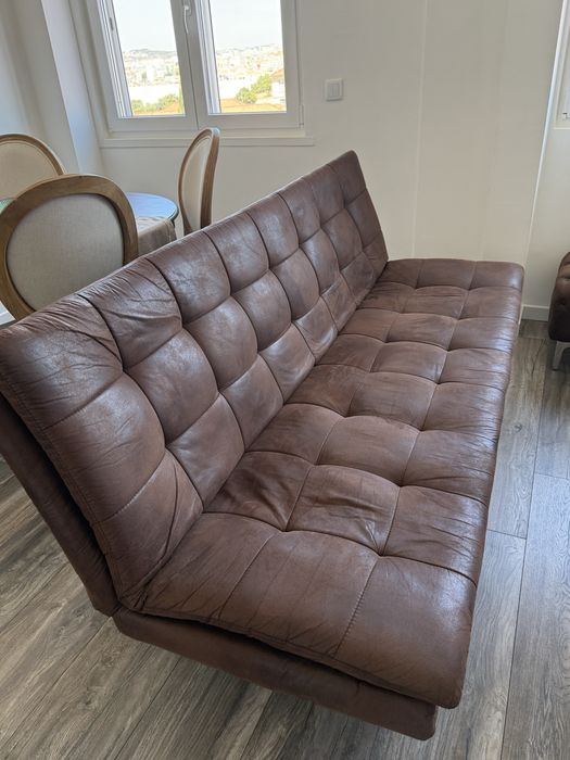 Sofá-Cama de 3 Lugares em Pele Sintética Castanha (Estilo Vintage)