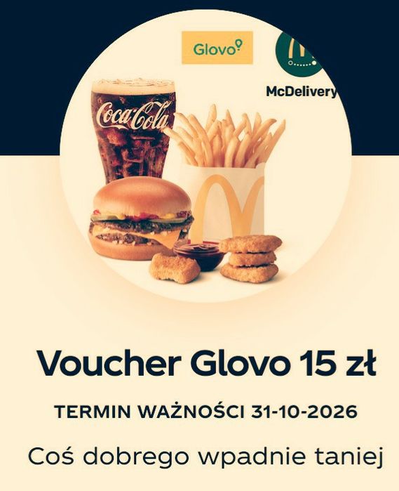 Sprzedam pięć sztuk voucher do Glovo do wykorzystania w Mc Donald każdy o wartości 15 zł!