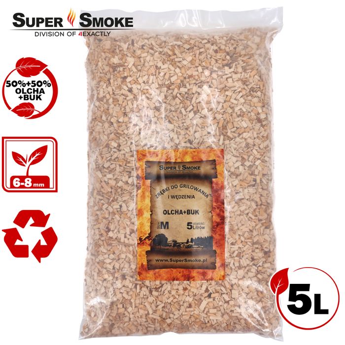 Zrębki Wędzarnicze Super Smoke OLCHA+BUK KL-08 (6-8mm) Medium 5 Litrów