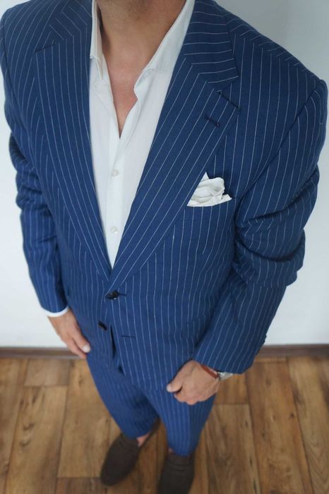 Bytom Garnitur Męski 182/100/96 Granatowy Prążki 100% Len Letni Elegancki Premium
