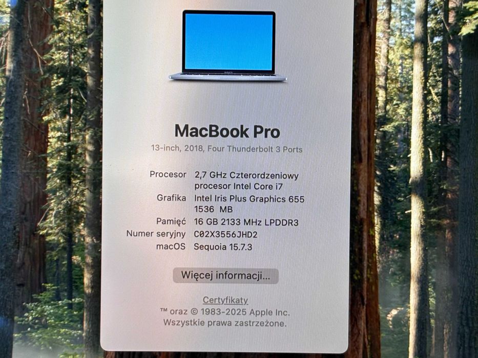 Macbook Pro 13" A1989- 16/256GB/Intel i7 - Touchbar - nowa bateria
