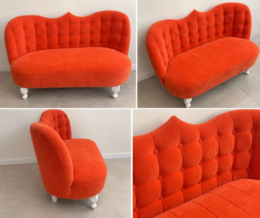 Sofa glamour – pomarańczowy welur, pikowana