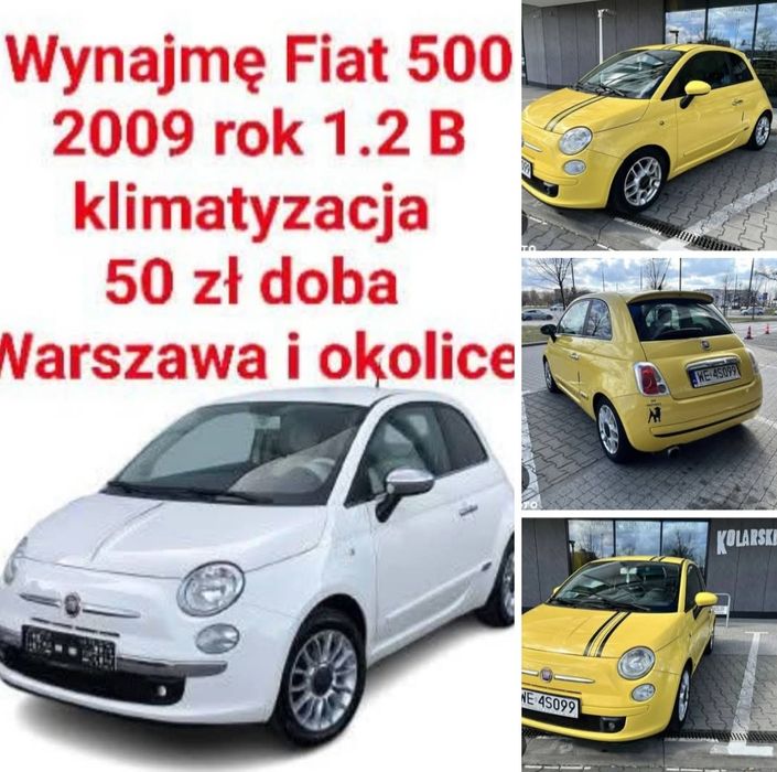 Fiat 500 1.2B klima, zółty lub biały na doby lub miesiące