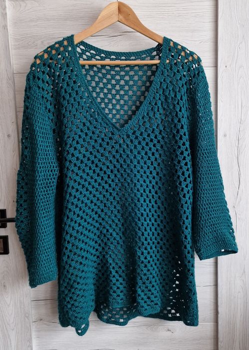 Sweterek szydełkowy szmaragdowy handmade XL L