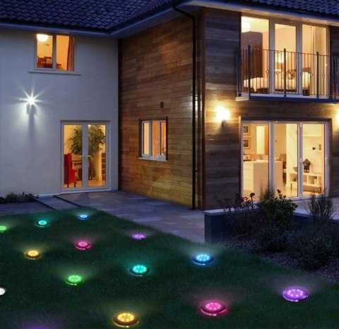 Lampki ogrodowe solarne dysk rgb 8 led