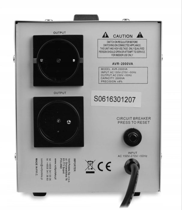Стабілізатор мережевої напруги 2 кВт Volt Polska AVR 2000 VA 2000 Вт