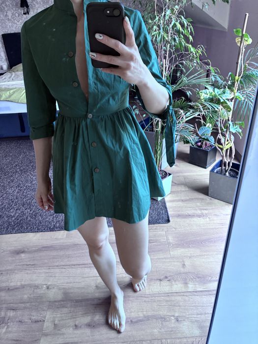 Letnia sukienka ultra mini tunika zielona boohoo XS/S  butelkowa ziele