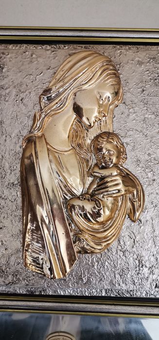 Belíssimo Quadro em  prata 925 espelhado com relevo, moldura em madeir