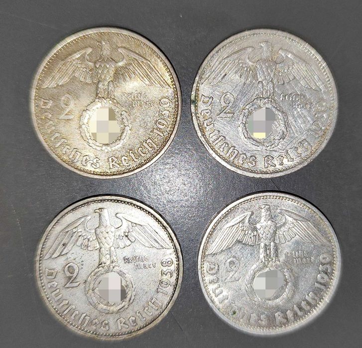 Zestaw 4 srebrnych monet: 2 reichsmarki 1938 / 1939, III Rzesza