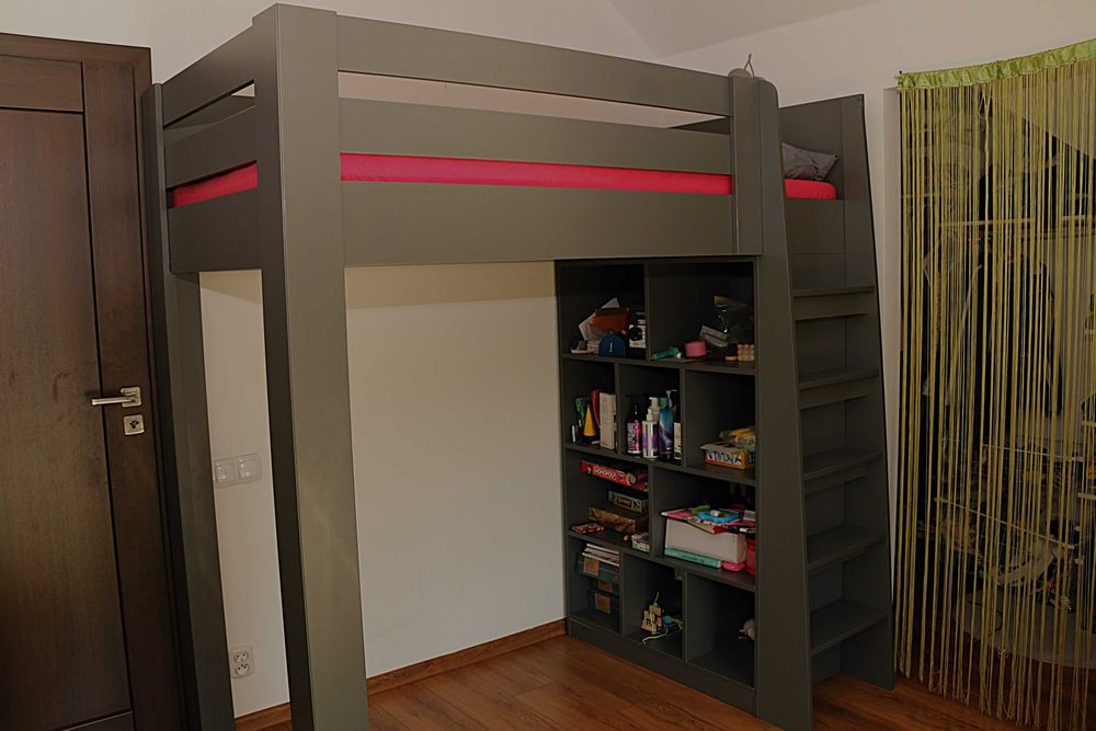 Antresola łóżko piętrowe, z półkami i schodkami kolor grafit