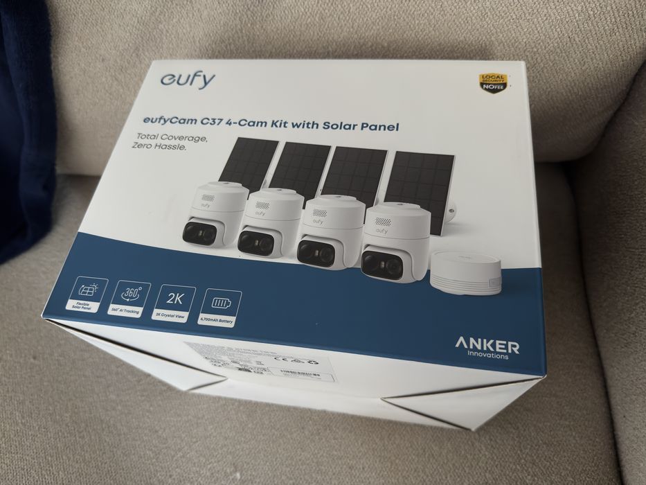 Anker 4 kamery Monitoring wifi zewnętrzny Eufy C37 + panel słoneczny, ruch 360°, śledzenie Ai, Jakość 2k + baza bez subskrybcji