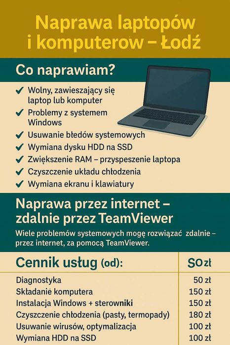 Naprawa Laptopów i Komputerów Szybko, solidnie, z dojazdem Łódź i Okol