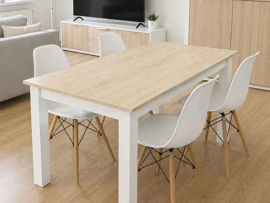 NOWY Stół z Krzesłami do Jadalni Kuchni Salonu Drewniany Sonoma Biały 120x80 cm Stół i Krzesła Skandynawskie Meble Do Domu Kuchenny OKAZJA! Faktura
