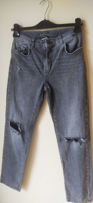 Szare jeansy z przetarciami,wysoki stan ,proste nogawki,ZARA, rozm.XS