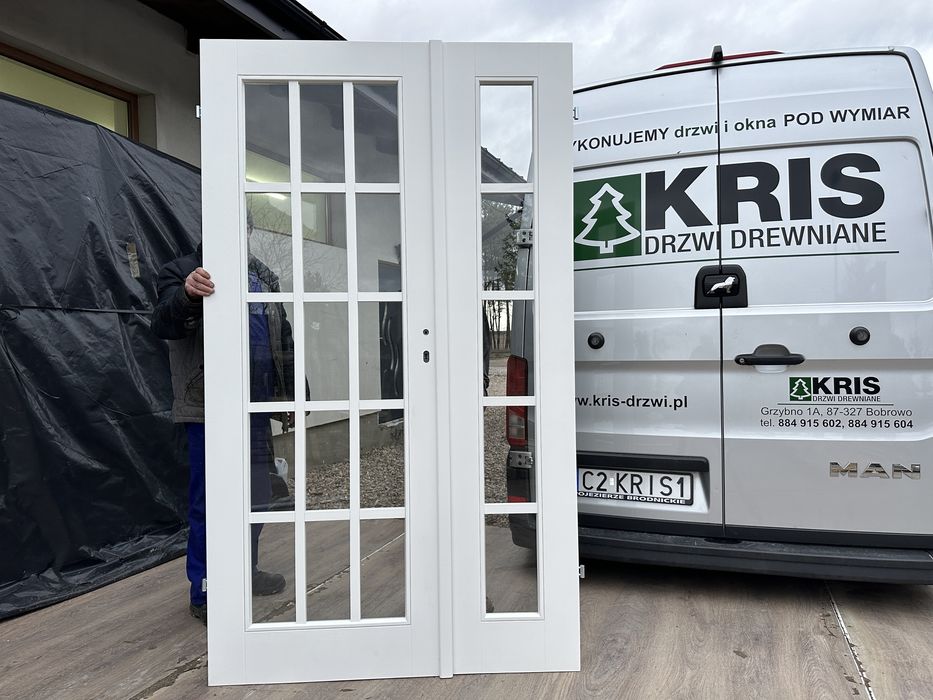 Drzwi wewnętrzne lite drewniane OD RĘKI białe dwuskrzydłowe Francuskie