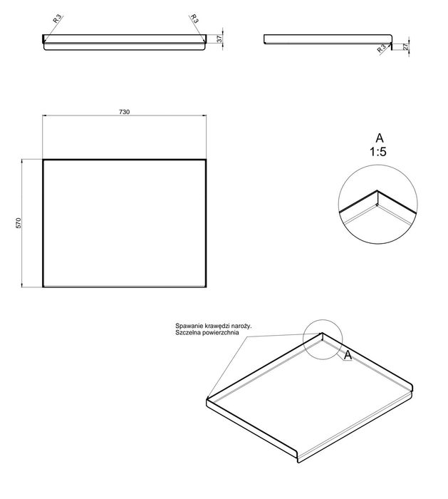 Solidna stolnica  gruba 3mm stal nierdzewna 730x570 na wymiar