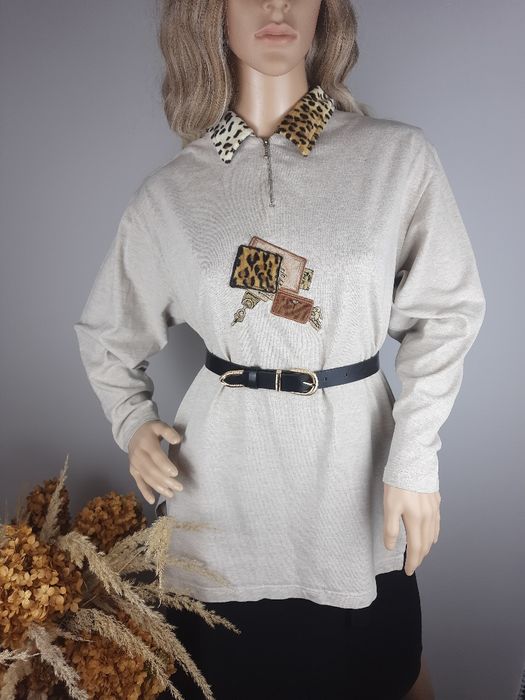 Bawełniana bluza z kołnierzykiem ciepła w panterkę cętki sweter