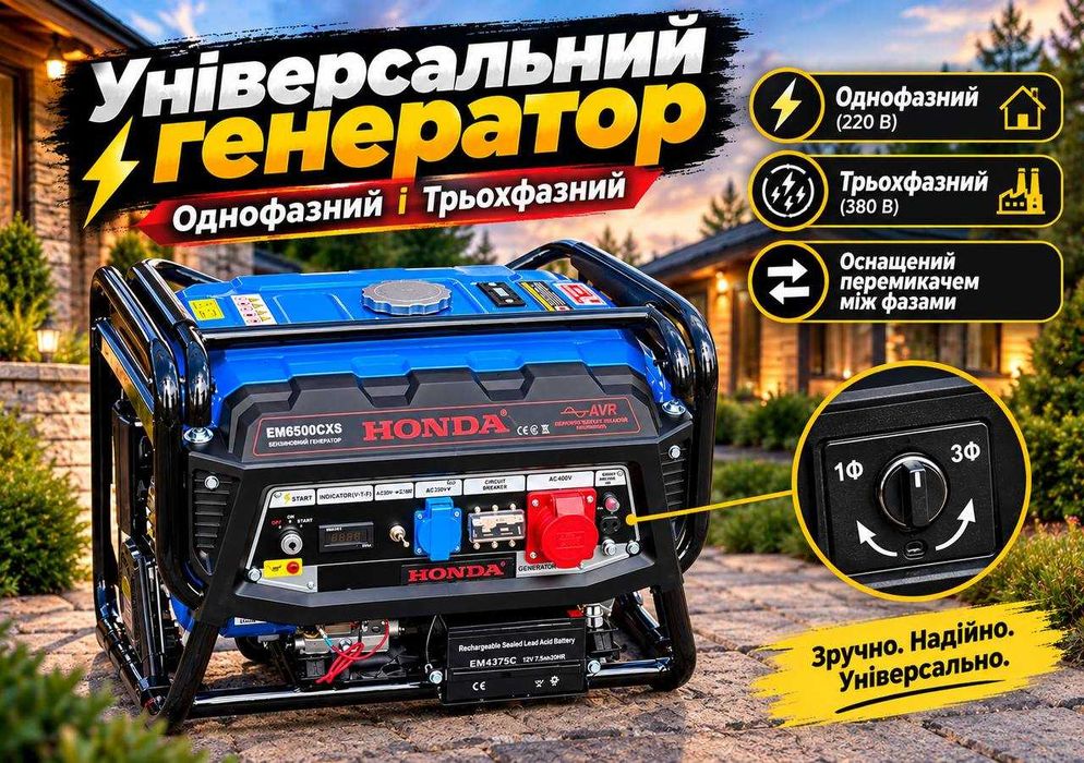 Бензиновий генератор Honda 6-6.5 кВт Хонда EM6500CXS 6 кВт однофазний і трьохфазний електростартер автостартер автопуск запуск з ключа  бензогенератор