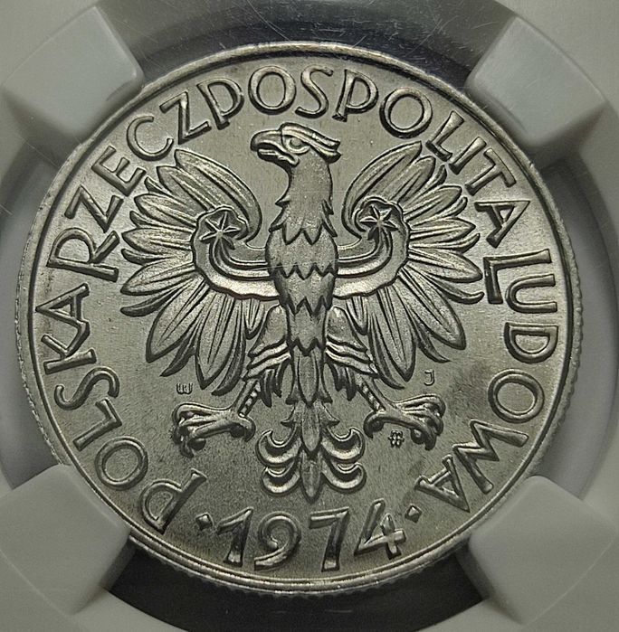 5 zł 1974, NGC MS66, Rybak z trawką, destrukt