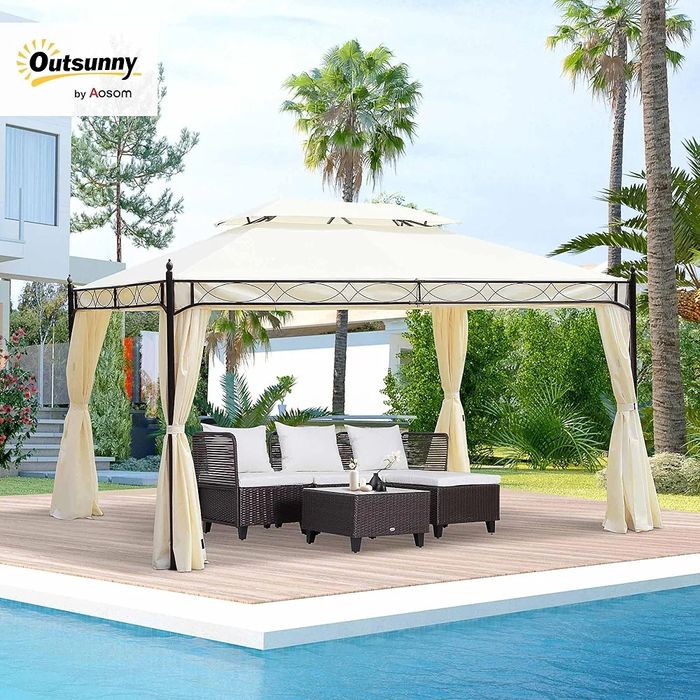 Outsunny Pawilon ogrodowy 3 x 4 m ze stali z podwójnym dachem i 4 kremowymi markizami bocznymi