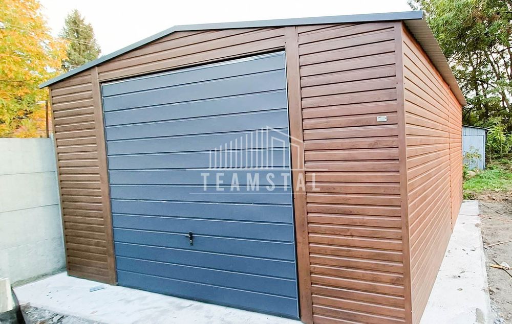 GARAŻ BLASZANY 5m x 7m dwuspad - Brama - ciemny orzech TS236 5x7