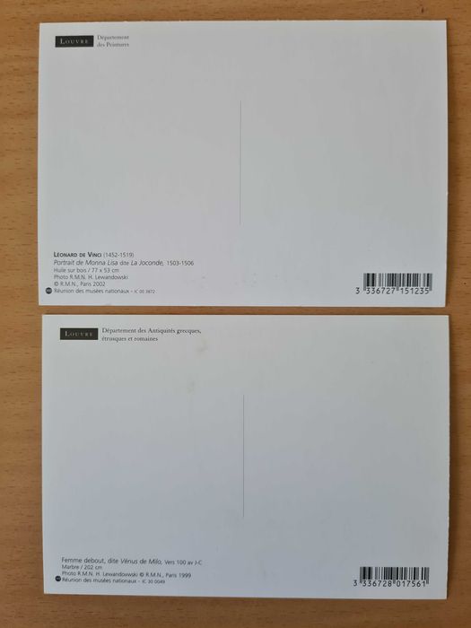 2 postais ilustrados d Louvre com a Monna Lisa e a Vénus de Milo